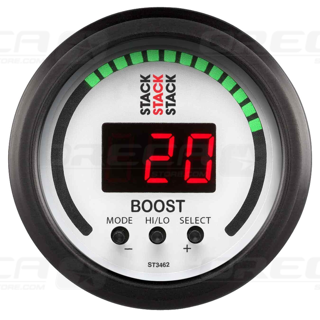 Manomètre pression turbo 30 IN HG/30 PSI 52mm Blanc Digital STACK 726ST3462