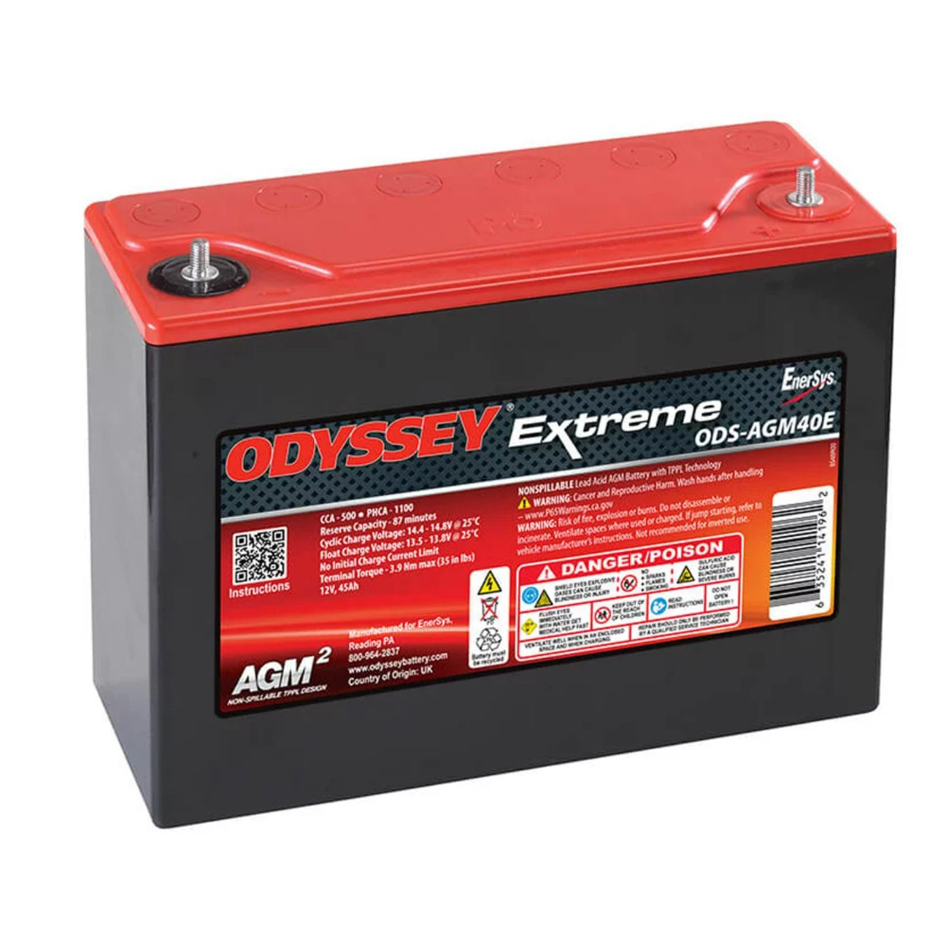 Batterie au plomb ODYSSEY PC1100 Extrême Racing 40 45 A/h démarrage 1100 A dimensions 250x97x206 mm