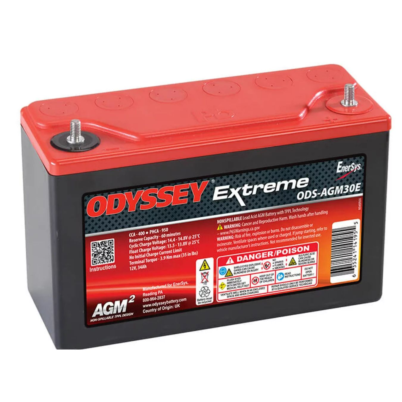 Batterie au plomb ODYSSEY PC950 Extrême Racing 30 34 A/h démarrage 950 A dimensions 250x97x156 mm