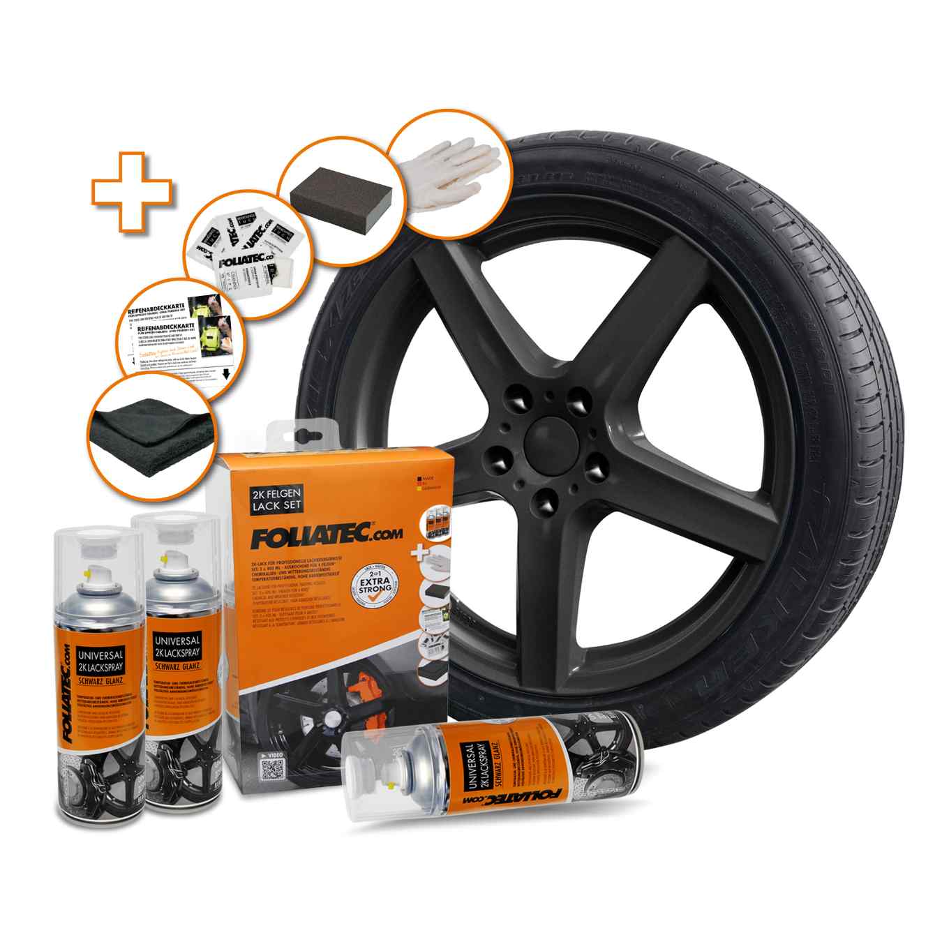 Kit de Peinture FOLIATEC Aérosol 2C pour Jantes Noir Brillant 3X400ML