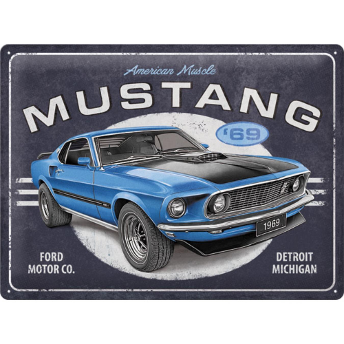 Plaque Métal Vintage Ford Mustang 1969 Bleue