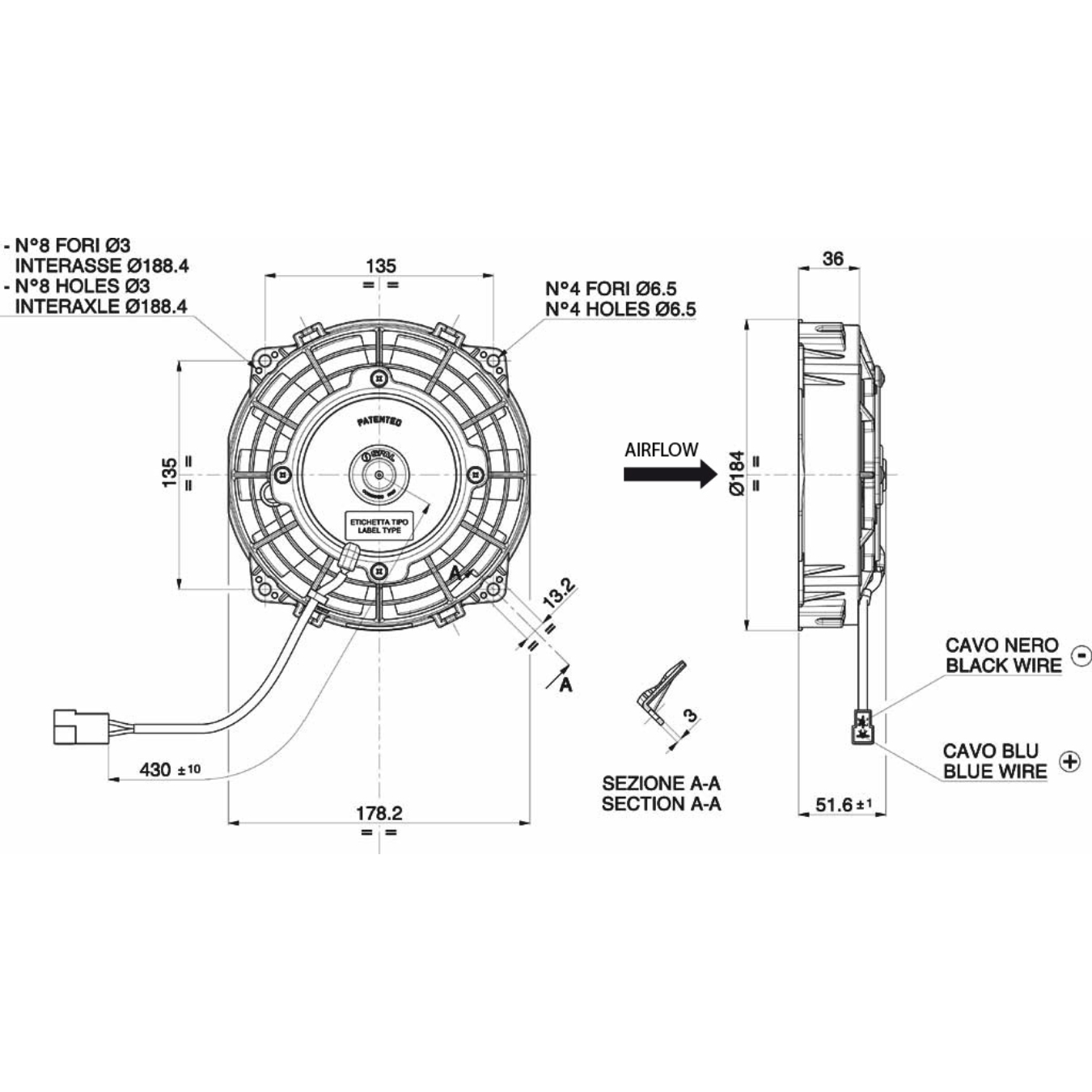 Ventilateur aspirant Ø 184 mm épaisseur 52 mm 12V SPAL VA22-AP11/C-50A