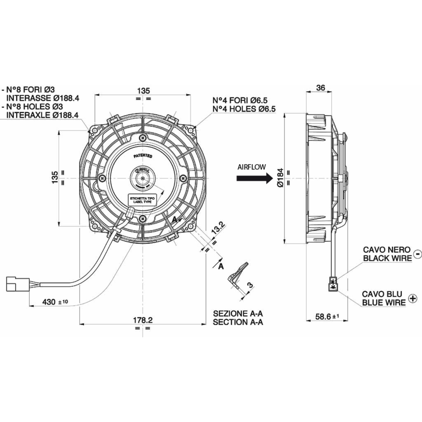 Ventilateur aspirant Ø 184 mm épaisseur 59 mm 12V SPAL VA22-AP11/C-64A