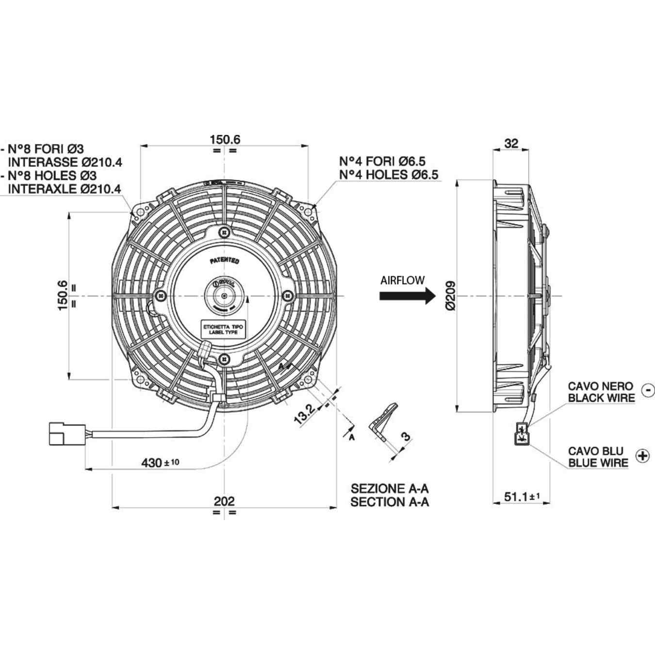 Ventilateur aspirant Ø 209 mm épaisseur 52 mm 12V SPAL VA14-AP7/C-34A