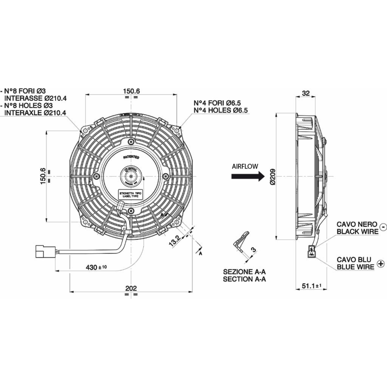 Ventilateur aspirant Ø 209 mm épaisseur 52 mm 12V SPAL VA14-AP11/C-34A