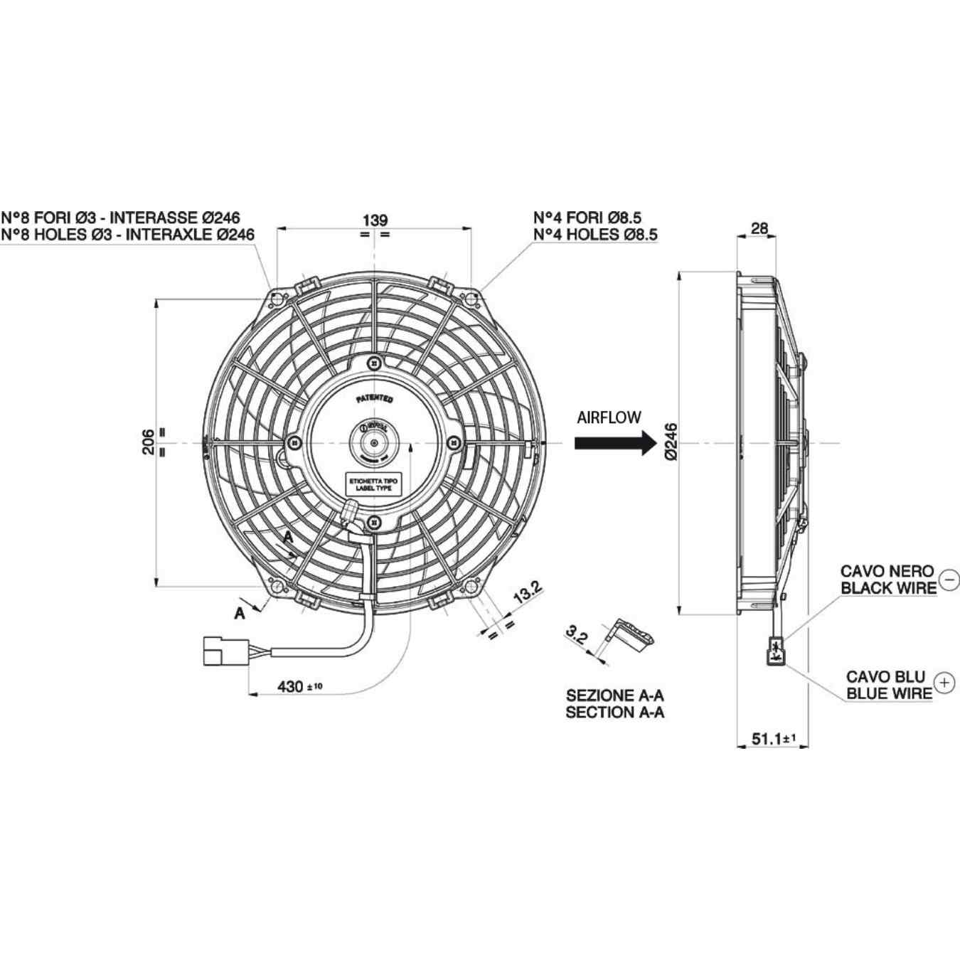 Ventilateur aspirant Ø 246 mm épaisseur 52 mm 12V SPAL VA07-AP12/C-58A