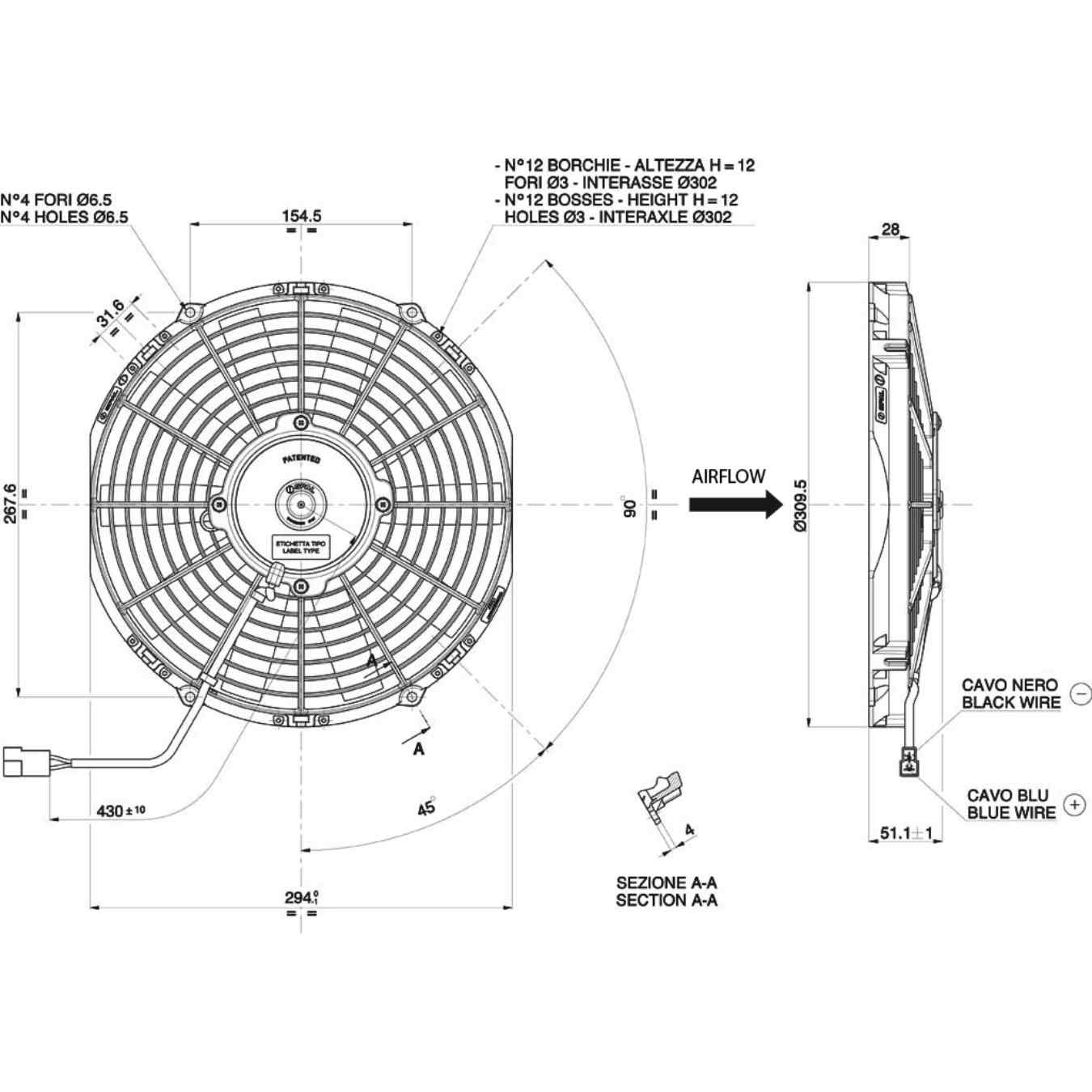 Ventilateur aspirant Ø 310 mm épaisseur 52 mm 12V SPAL VA09-AP8/C-27A