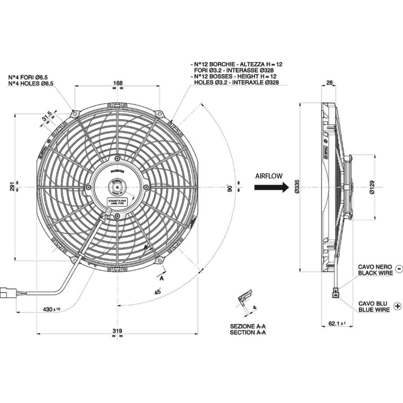 Ventilateur aspirant Ø 335 mm épaisseur 63 mm 12V SPAL VA10-AP50/C-61A