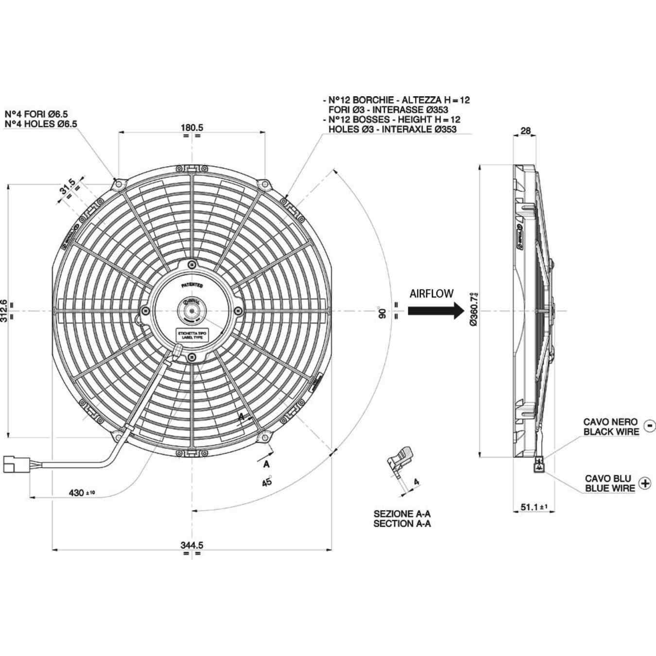 Ventilateur aspirant Ø 361 mm épaisseur 52 mm 12V SPAL VA13-AP9/C-35A