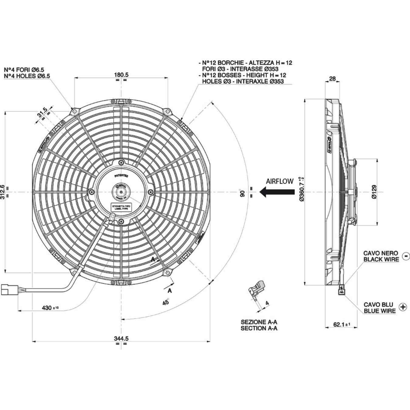 Ventilateur aspirant Ø 361 mm épaisseur 63 mm 12V SPAL VA13-AP51/C-35A