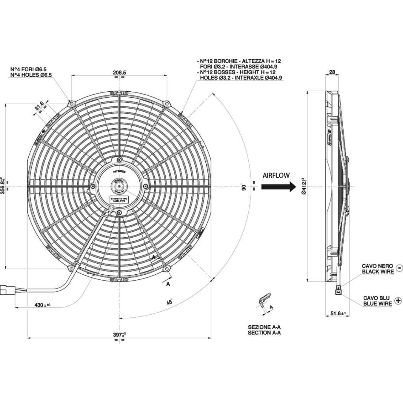 Ventilateur aspirant Ø 412 mm épaisseur 52 mm 12V SPAL VA18-AP10/C-41A