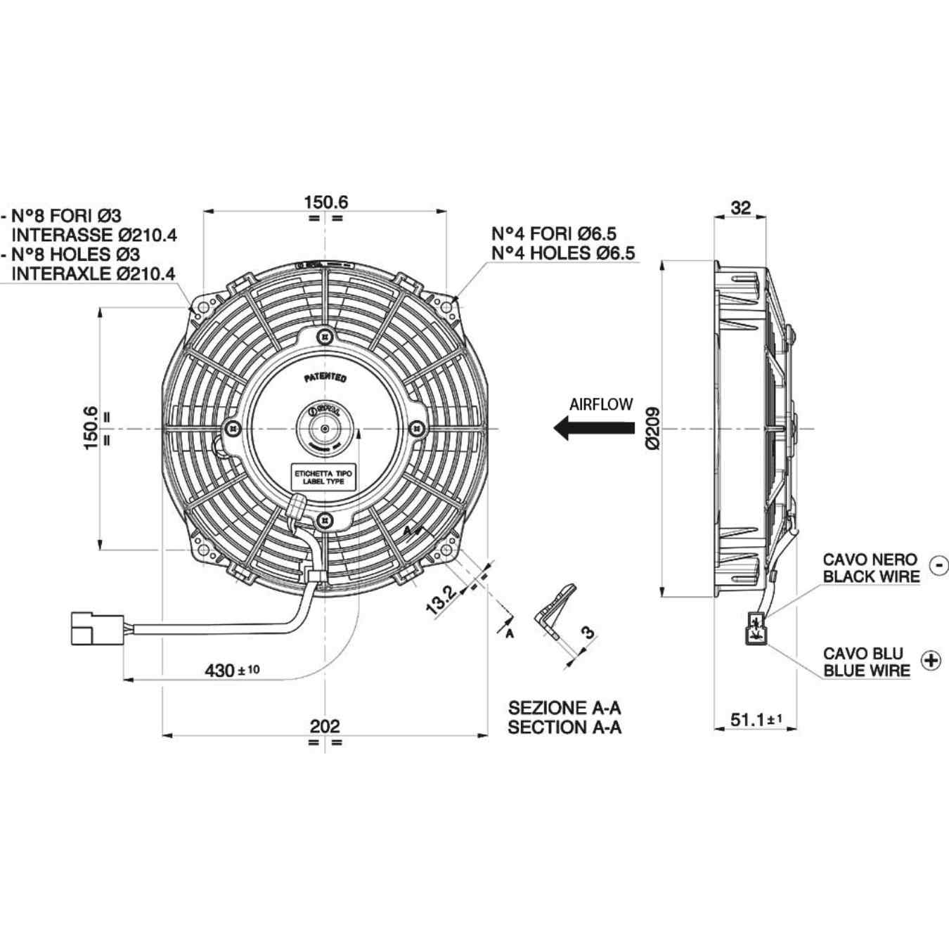 Ventilateur soufflant Ø 209 mm épaisseur 52 mm 12V SPAL VA14-AP7/C-34S