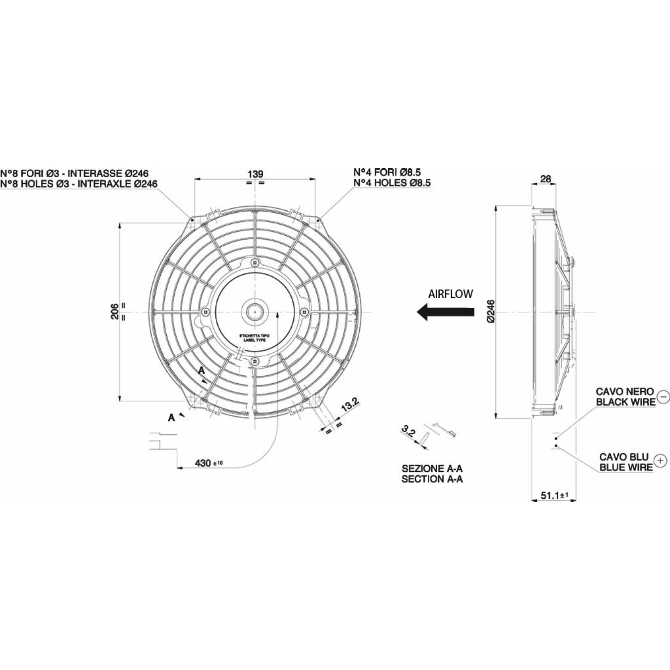 Ventilateur soufflant Ø 246 mm épaisseur 52 mm 12V SPAL VA07-AP12/C-31S