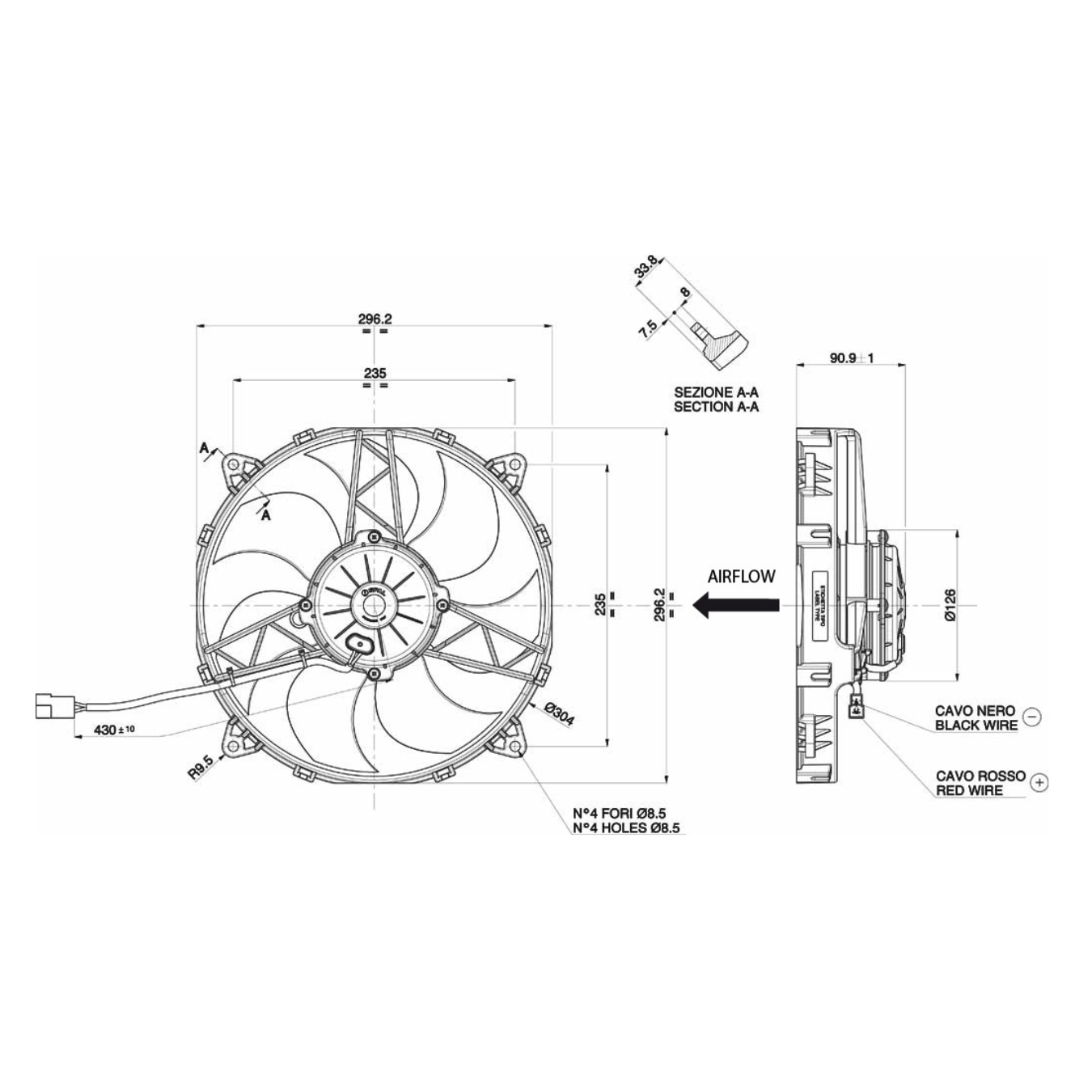 Ventilateur soufflant Ø 296 mm épaisseur 90 mm 12V SPAL VA26-AP70/LL-60S