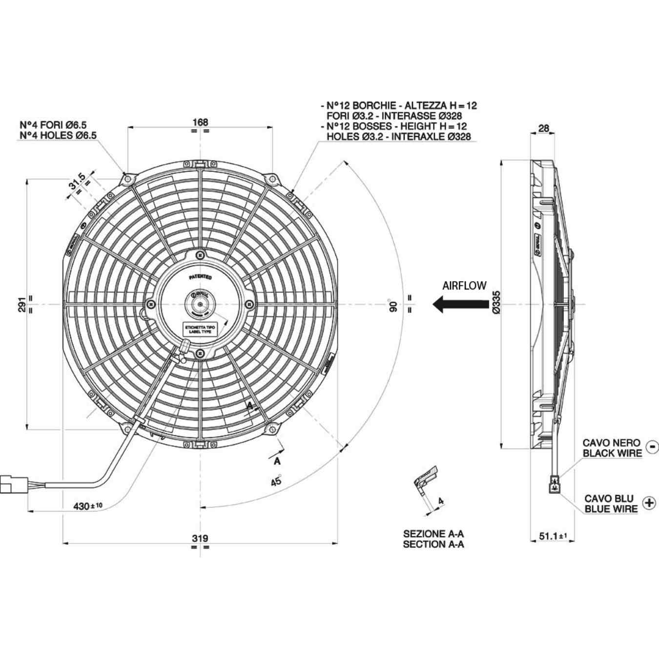 Ventilateur soufflant Ø 335 mm épaisseur 52 mm 12V SPAL VA10-AP9/C-25S