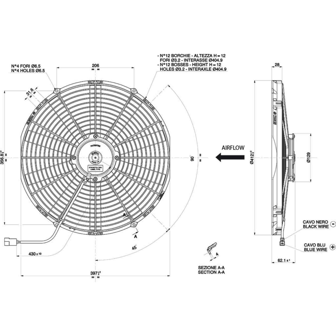 Ventilateur soufflant Ø 412 mm épaisseur 63 mm 12V SPAL VA18-AP10/C-41S