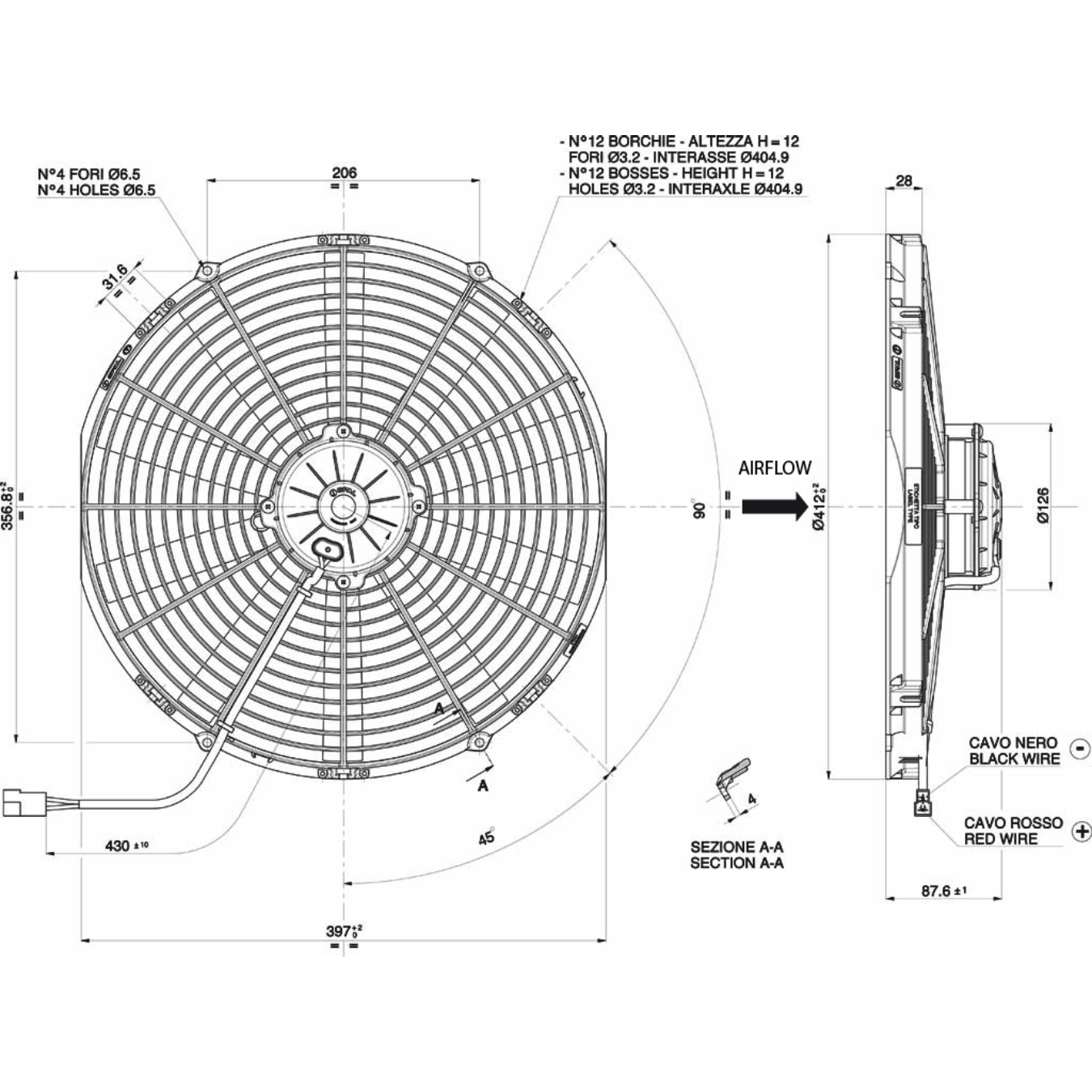 Ventilateur soufflant Ø 412 mm épaisseur 88 mm 12V SPAL VA18-AP70/LL-86S